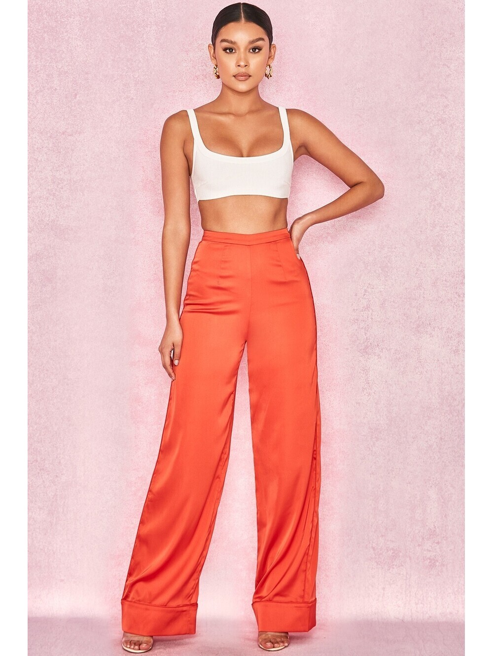 NWT House of CB 'Ayain' Dark Orange Satin Wide Leg Trousers - Size XS